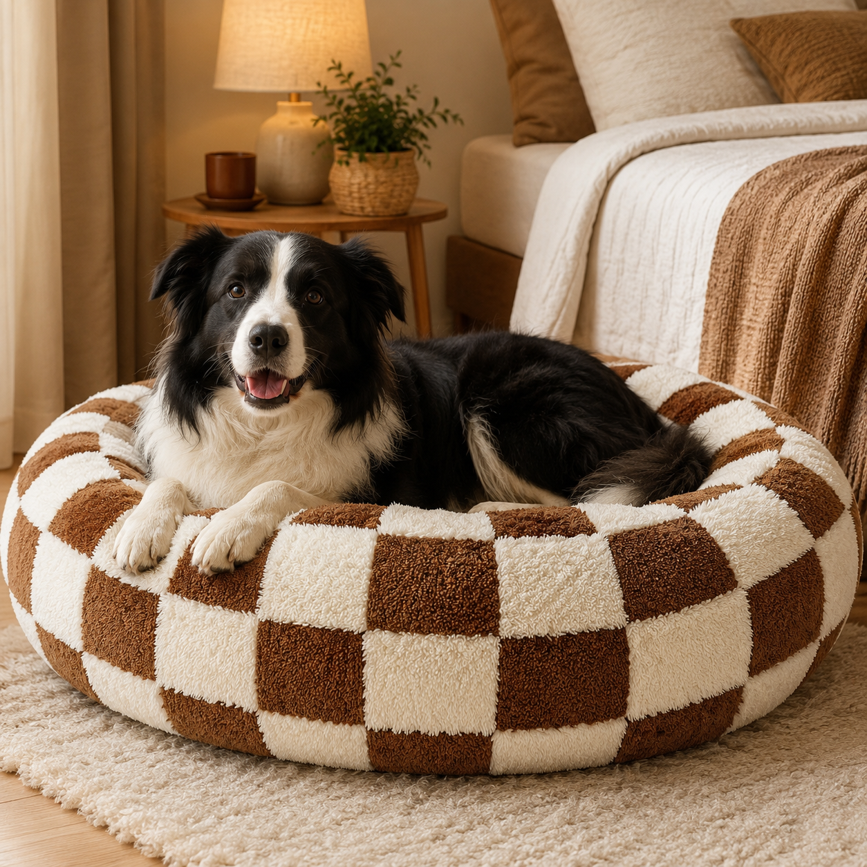 Small Medium Pet Donut Bed (Coffee plaid)-40cm outer diameter, Soft Plush Round Dog Bed and Cat Bed with Raised Rim, Cozy Calming Pet Sleeping Cushion, Checkered Washable Puppy Bed for Indoor Small Dogs Cats and Kittens