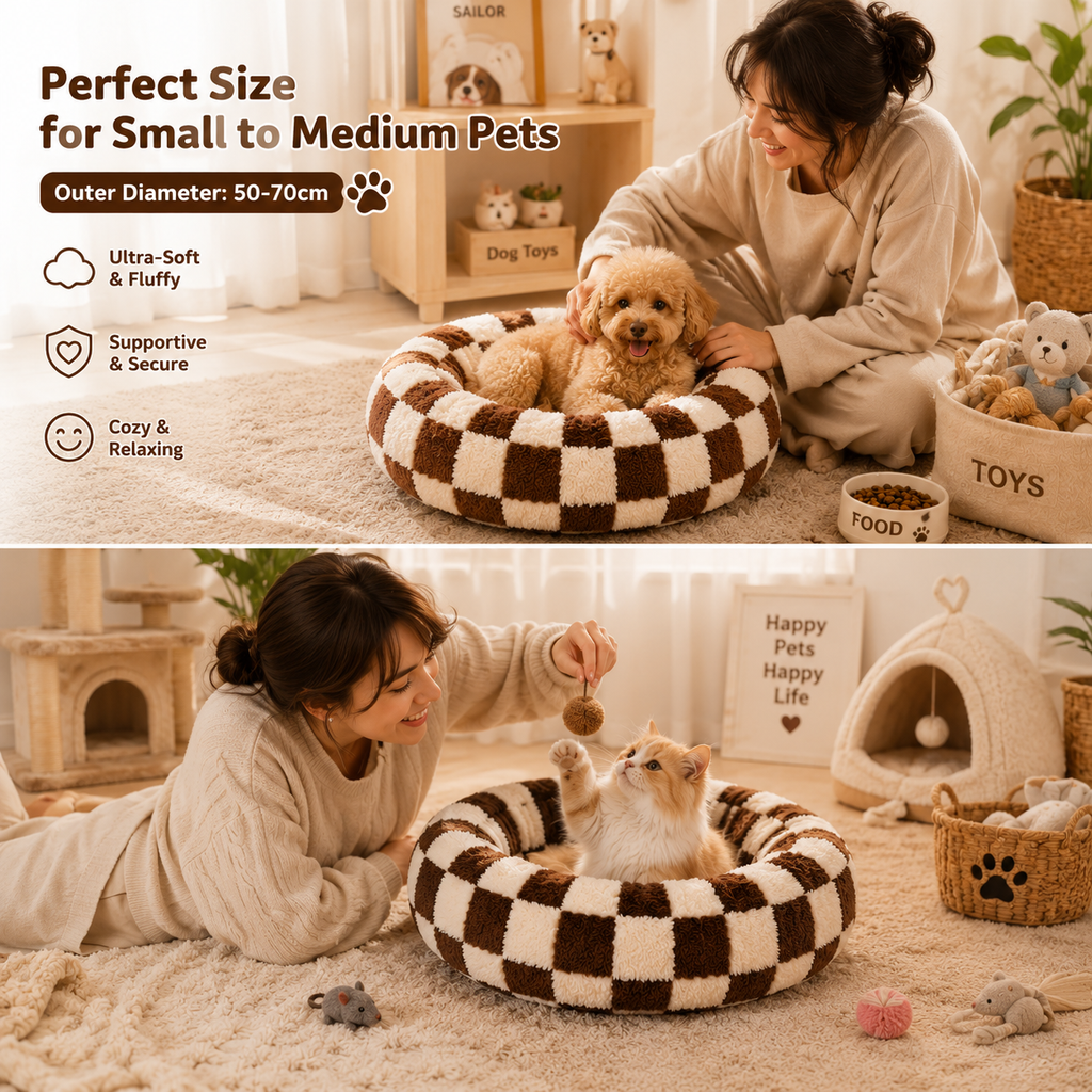 Medium Large Pet Donut Bed (Coffee plaid)-90cm outer diameter, Soft Plush Round Dog Bed and Cat Bed with Raised Rim, Cozy Calming Pet Sleeping Cushion, Checkered Washable Dog Bed for Medium Large Dogs and Cats