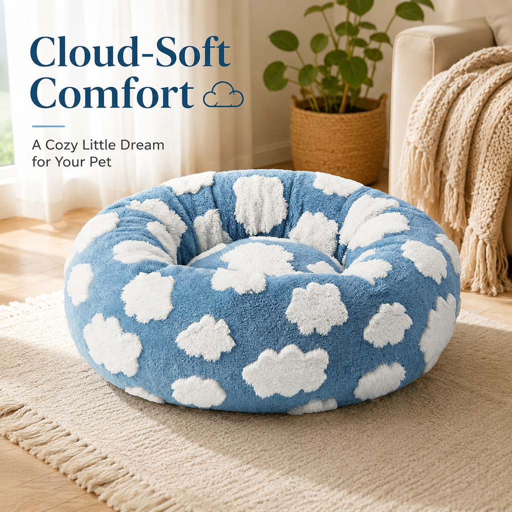Small Medium Pet Donut Bed-50cm outer diameter, Soft Plush Round Dog Bed and Cat Bed with Raised Rim, Cozy Calming Pet Sleeping Cushion, Blue Cloud Pattern Washable Pet Bed for Small Medium Dogs Cats Puppies and Kittens