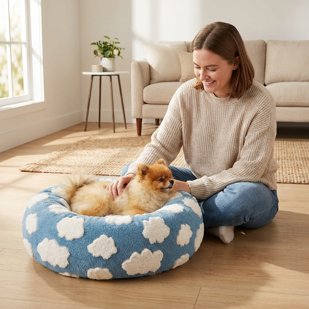 Small Medium Pet Donut Bed-60cm outer diameter, Soft Plush Round Dog Bed and Cat Bed with Raised Rim, Cozy Calming Pet Sleeping Cushion, Blue Cloud Pattern Washable Pet Bed for Small Medium Dogs Cats Puppies and Kittens
