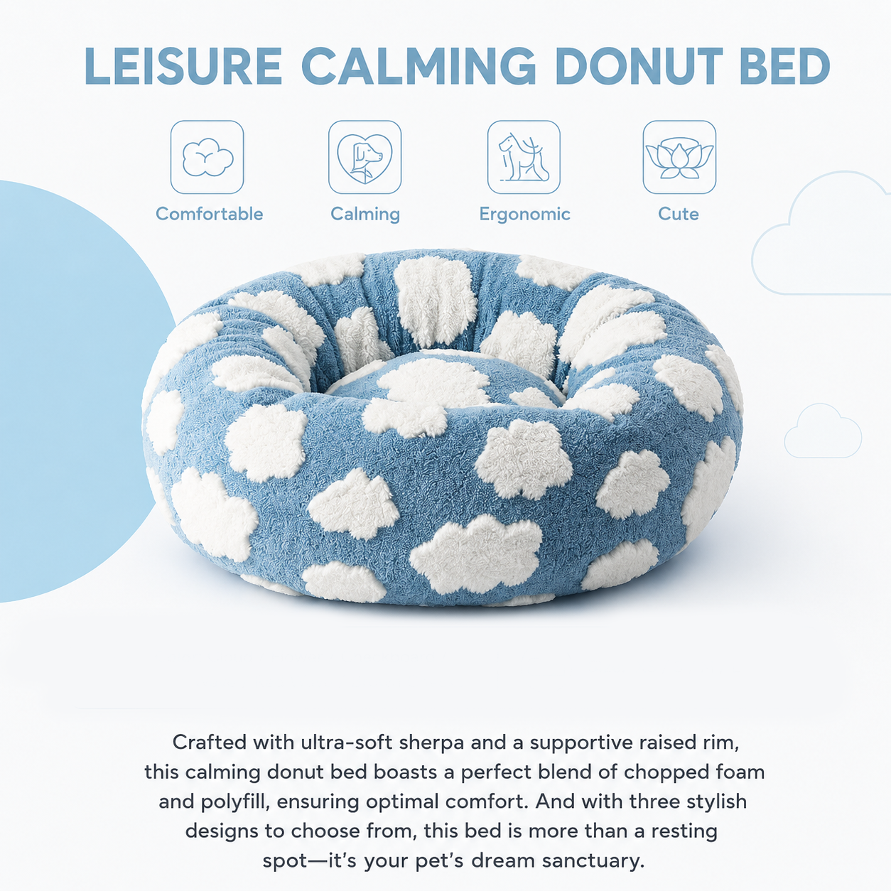 Medium Large Pet Donut Bed (Blue background with white clouds)-90cm outer diameter, Soft Plush Round Dog Bed and Cat Bed with Raised Rim, Cozy Calming Pet Sleeping Cushion, Blue Cloud Pattern Washable Pet Bed for Medium Large Dogs and Cats