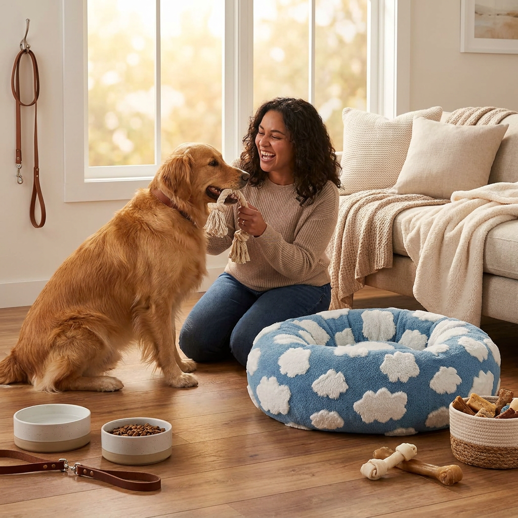 Medium Large Pet Donut Bed (Blue background with white clouds)-100cm outer diameter, Soft Plush Round Dog Bed and Cat Bed with Raised Rim, Cozy Calming Pet Sleeping Cushion, Blue Cloud Pattern Washable Pet Bed for Medium Large Dogs and Cats