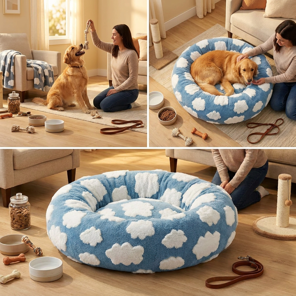 Small Medium Pet Donut Bed-40cm outer diameter, Soft Plush Round Dog Bed and Cat Bed with Raised Rim, Cozy Calming Pet Sleeping Cushion, Blue Cloud Pattern Washable Pet Bed for Small Medium Dogs Cats Puppies and Kittens