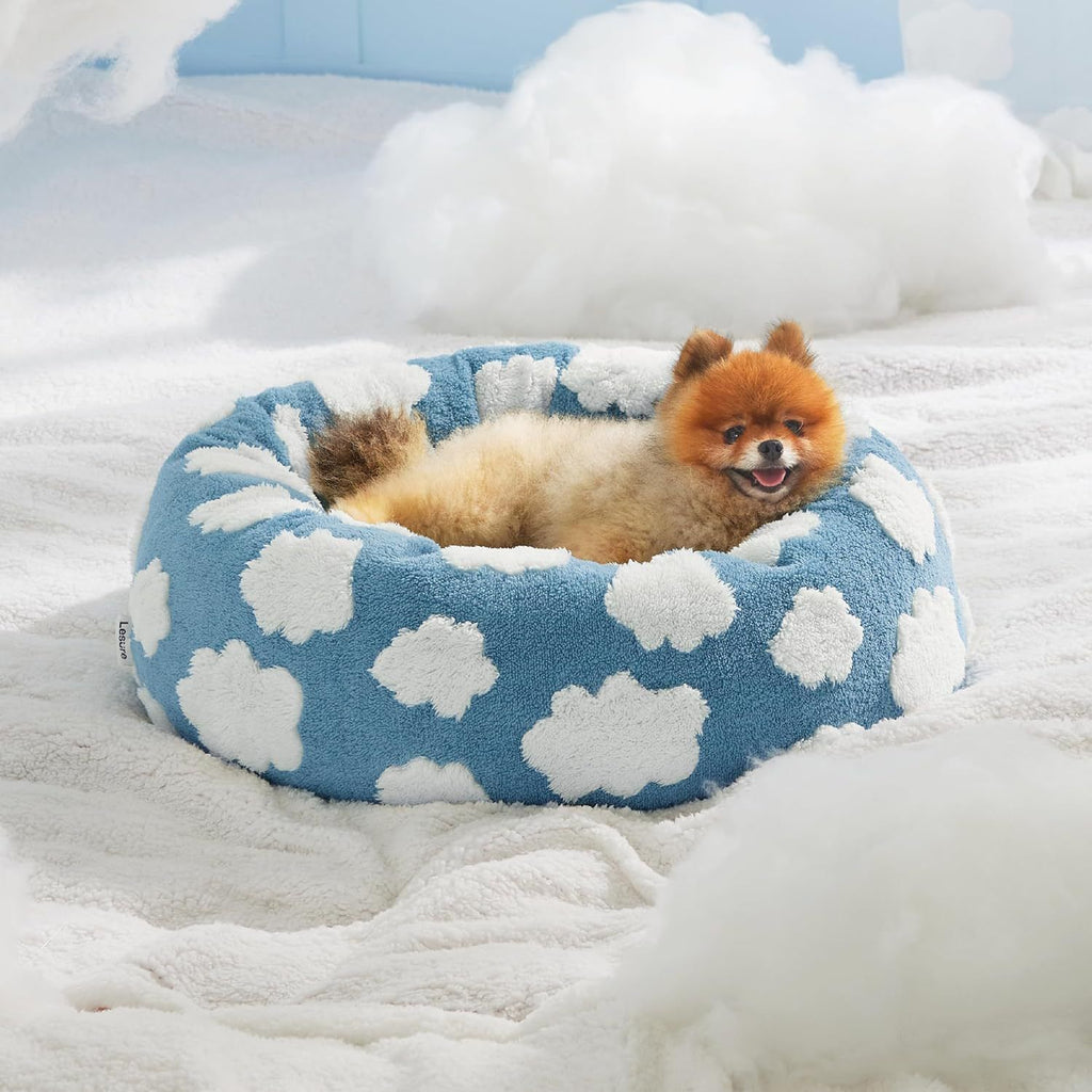 Small Medium Pet Donut Bed-40cm outer diameter, Soft Plush Round Dog Bed and Cat Bed with Raised Rim, Cozy Calming Pet Sleeping Cushion, Blue Cloud Pattern Washable Pet Bed for Small Medium Dogs Cats Puppies and Kittens