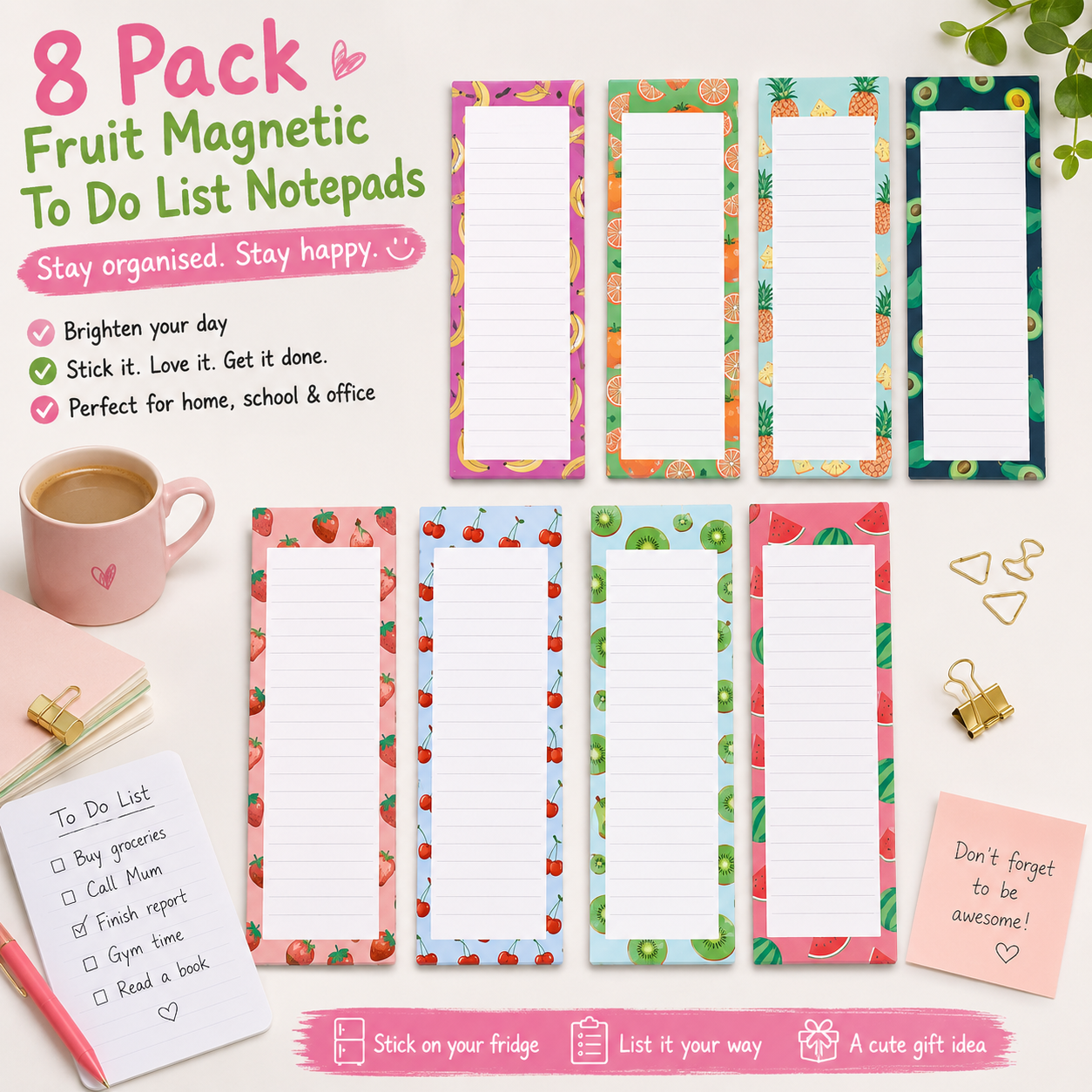 Magnetic Fridge Notepads - 8 Pack, 25 Sheets Each (Fruit, Type A)