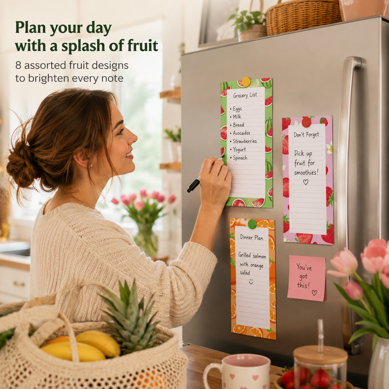 Magnetic Fridge Notepads - 8 Pack, 25 Sheets Each (Fruit, Type B)
