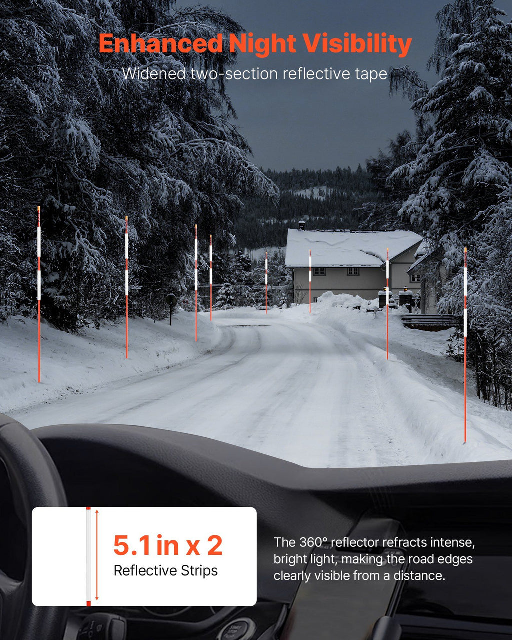 Driveway Markers, 200Pcs 122cm Long 6.35mm Dia, Hi-Visibility Driveway Reflectors with 12 in Steel Drill Bits, Reflective Snow Sticks Fiberglass Pole for Parking Lots, Walkways, Snow Plowing