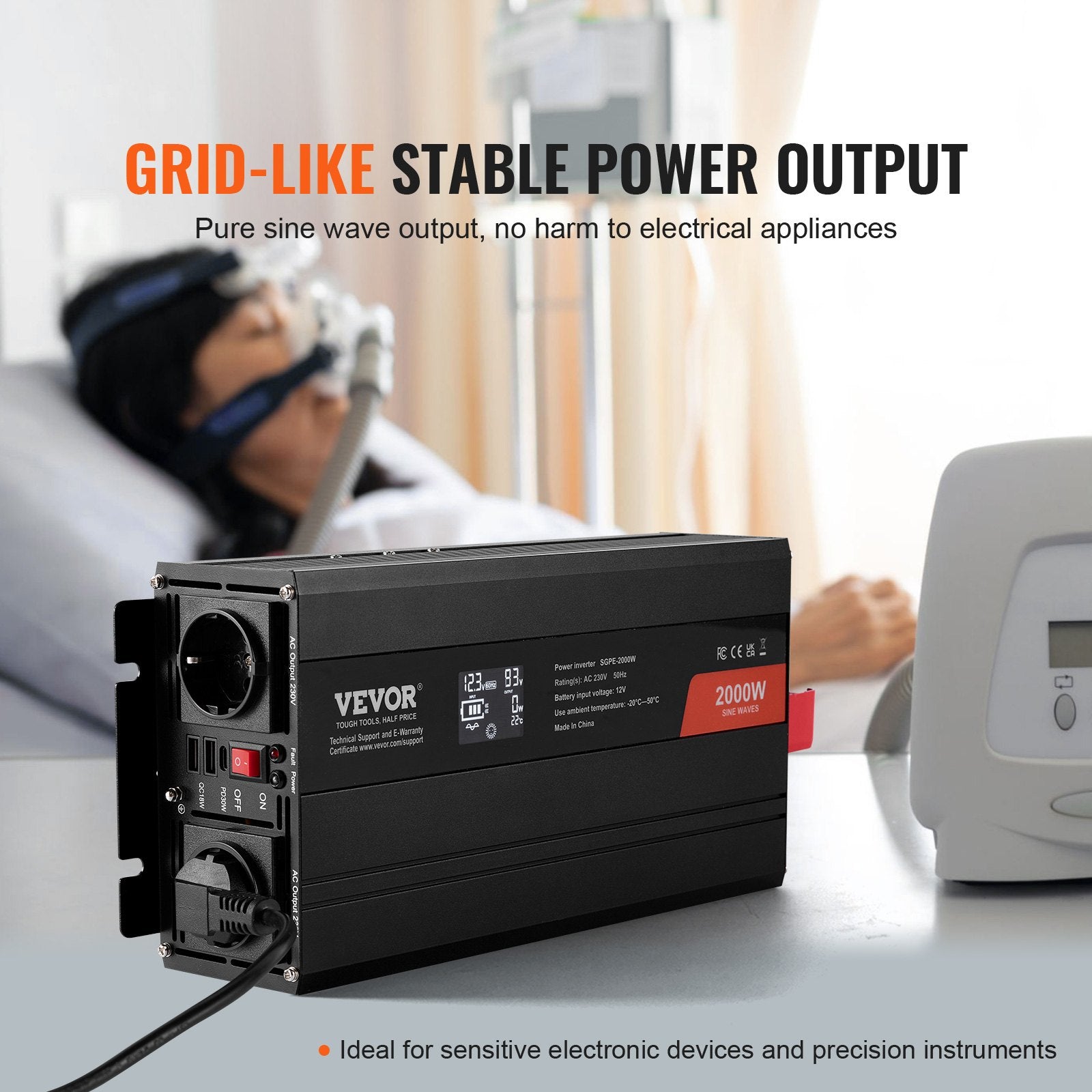 Pure Sine Wave Inverter, 2000 Watt, Power Inverter with 2 AC Outlets 2 USB Port 1 Type-C Port, LCD Display and Remote Controller for Medium-Sized Household Equipment, CE FCC