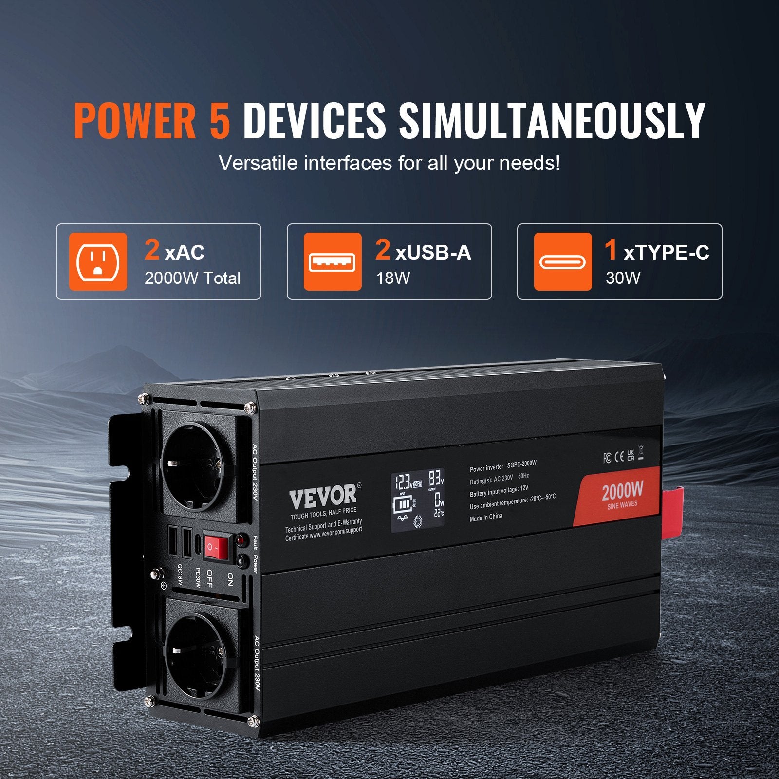 Pure Sine Wave Inverter, 2000 Watt, Power Inverter with 2 AC Outlets 2 USB Port 1 Type-C Port, LCD Display and Remote Controller for Medium-Sized Household Equipment, CE FCC