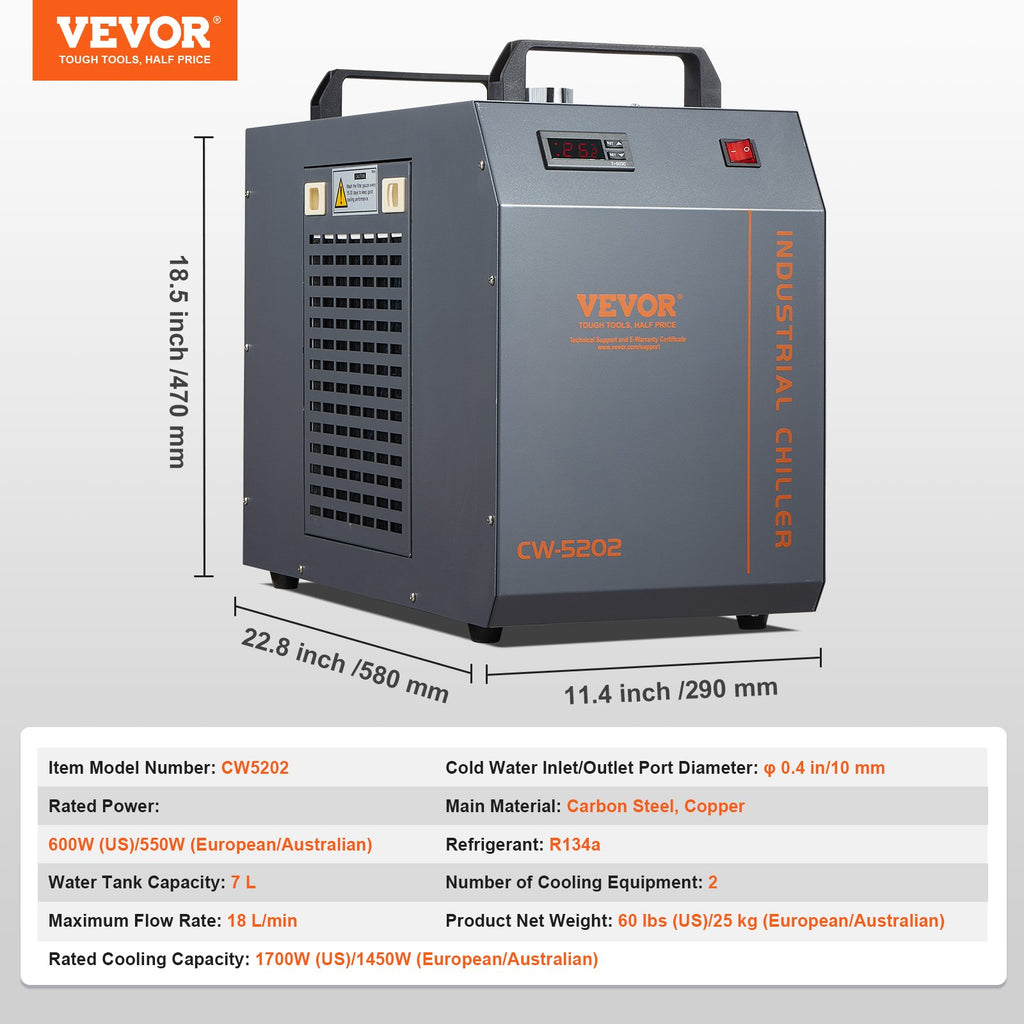 Industrial Water Chiller, CW-5202, Industrial Water Cooler Cooling System with Built-in Compressor 7L Water Tank Capacity 18 L/min Max Flow Rate, for CO2 Laser Engraving Machine Cooling Machine