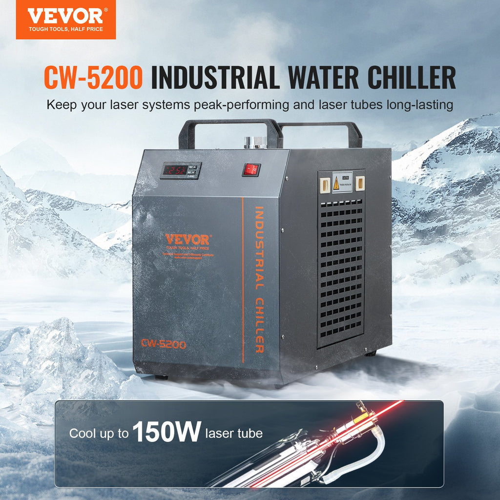 Industrial Water Chiller, CW-5200, Industrial Water Cooler Cooling System with Built-in Compressor 7L Water Tank Capacity 13 L/min Max Flow Rate, for CO2 Laser Engraving Machine Cooling Machine