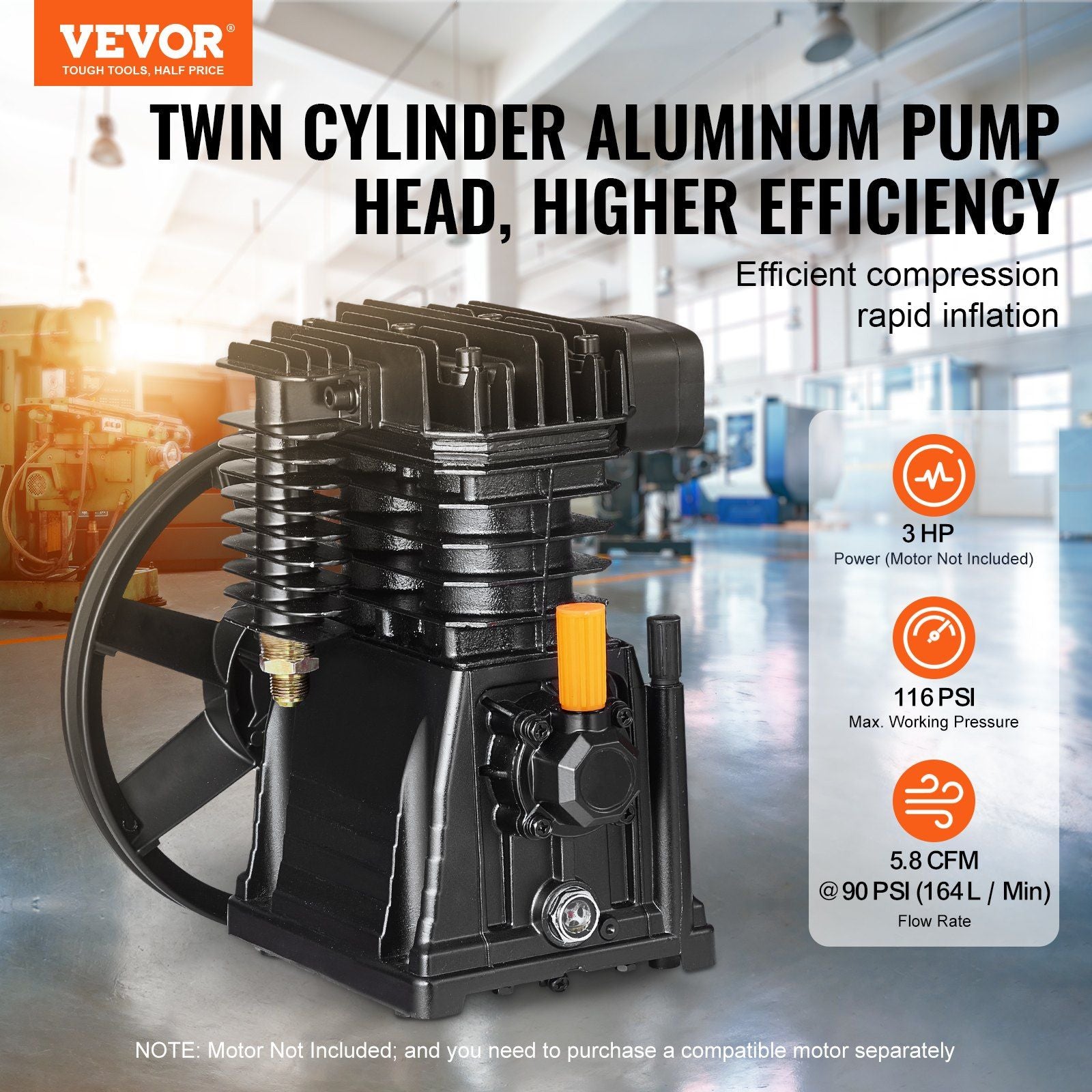 Air Compressor Pump Head, 3HP 5.8CFM @ 90PSI, Twin Cylinder Oil Lubricated Air Compressor Piston Pump Head, Single-Stage Aluminum Air Compressor Pump Replacement with Max. 116PSI Pressure