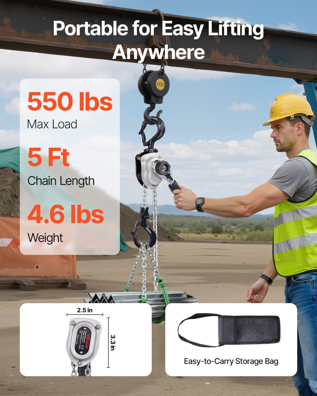 Manual Lever Chain Hoist, 1/4T 250KG Capacity Heavy Duty Come Along, 1.5M Lift G80 Alloy Steel Chain With Dual Pawl Mechanical Brake, 360° Rotating Hooks, for Warehouse Construction Garage