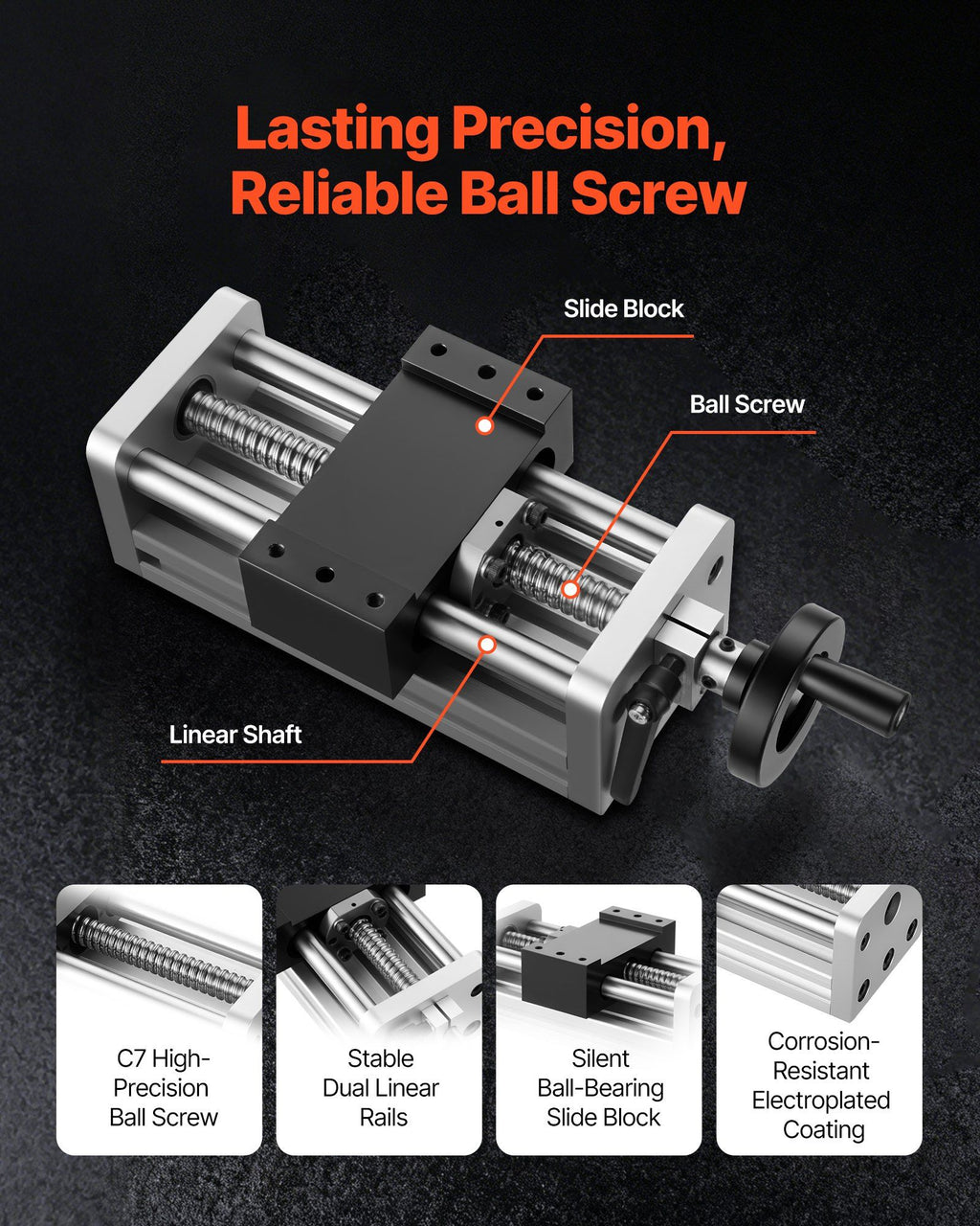 Linear Stage Actuator, 100 mm Effective Stroke, Ball Screw CNC Linear Motion Guide Rail, Double Optical Axis, C7 High-Precision, Bearing Slide Block, Manual Handwheel, for CNC Router X Y Z Axis